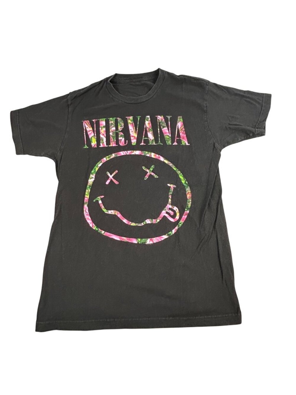 Nirvana Smiley Face T Shirt Sz S *see measurements* Floral Black Short Sleeve